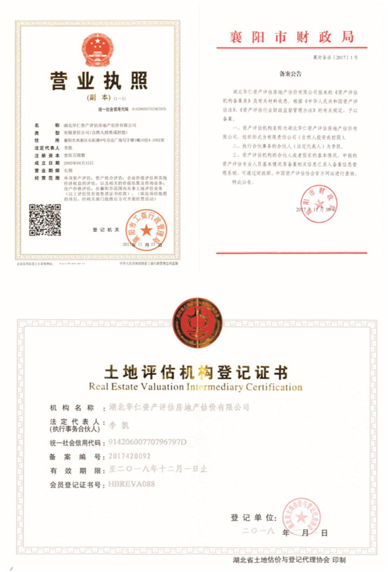 華仁資產(chǎn)評估房地產(chǎn)估價有限公司營業(yè)執(zhí)照、資產(chǎn)評估備案公告、土地評估機構(gòu)登記證書.jpg